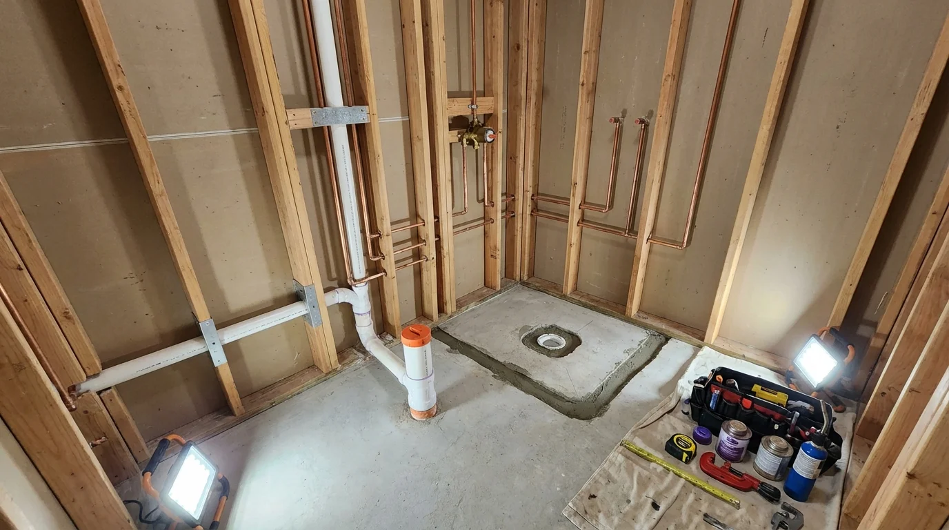Bathroom rough-in plumbing during remodel by Johns Plumbing LLC in Saint Ansgar