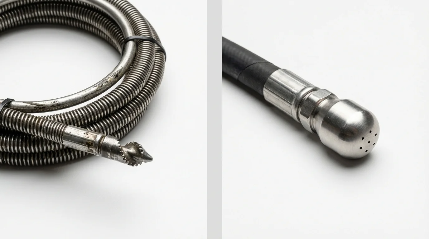 Drain snake cable and hydro jetting nozzle used for drain cleaning in Saint Ansgar, IA