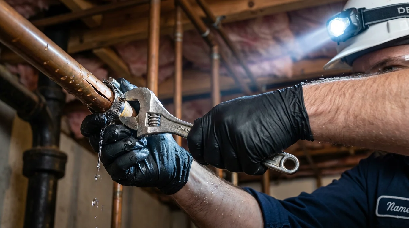 Emergency pipe clamp repair being performed by a Johns Plumbing LLC plumber in Saint Ansgar