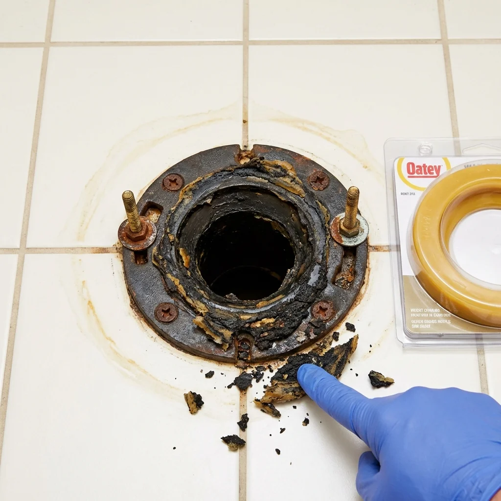 Failed wax ring showing water seepage at the base of a toilet in a Saint Ansgar, IA home