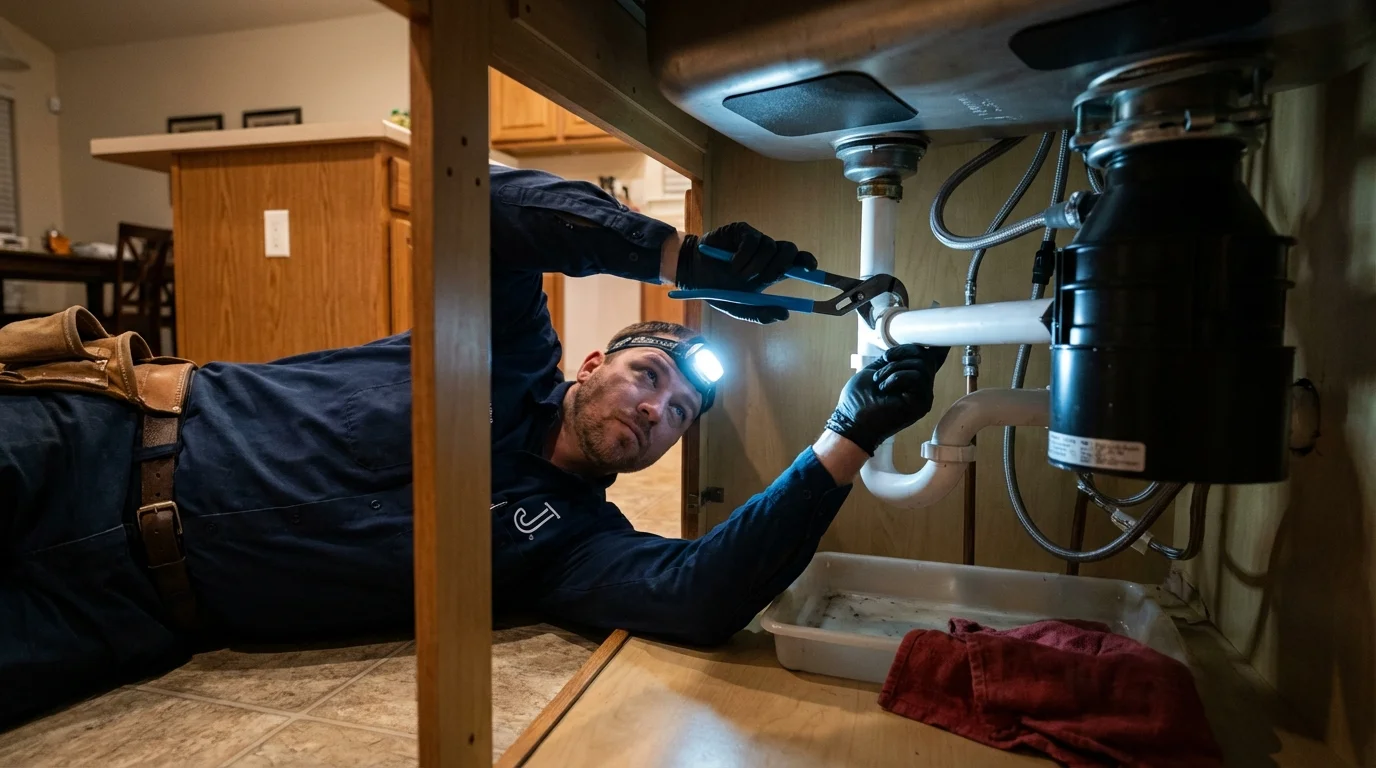 P-trap and supply line connections under a kitchen sink showing a common leak point in Saint Ansgar, IA